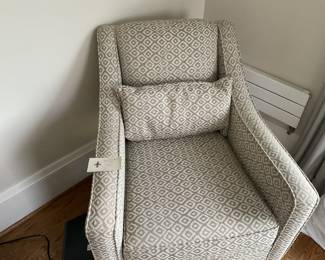 $320 Gray and cream upholstered side chair, 27 inches wide by 33 inches deep by 33 inches high. Available for online purchase.