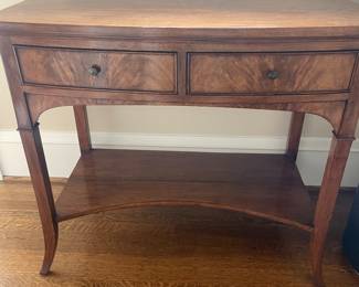 Two drawer entry table. 34 inches wide by 20 inches deep by 30.5 inches high. Available for online purchase.