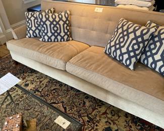 $900 Mitchell Gold & Bob Williams tan sofa. 90”w X 34”d X 32”h. Available for online purchase. Throw pillows sold separately.