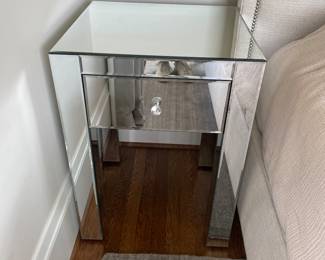 $240 One of a pair of mirrored side tables with one drawer. They measure 18.5 inches deep by 19.5 inches wide by 26.5 inches high when the side table has an as found issue. Available for online purchase.