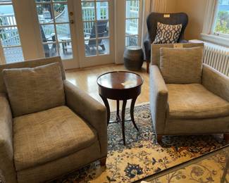 $480 Pair of Lee Industry club chairs. 30.5 inches wide by 34 inches deep by 32.5 inches high. Available for online purchase. Other items in the photo are sold separately.