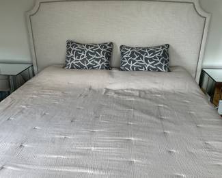 $590 Upholstered king bed frame with hob nail detail. Bedframe is 7’ Wide by 58 inches high by 89.5 inches long available for online purchase.