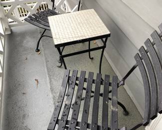 $190 Three-piece bistro set. Table is a 16.5 in.² by 24 inches high chairs are 34.5 inches high by 18 inches wide by 20 inches deep. Available for online purchase.