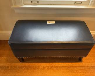 $180 Navy Storage bench with hinged lid. Hobnailed detail. 40 inches wide by 17 inches deep by 19 inches high. Available for online purchase.