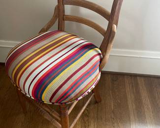 $70 antique desk chair with striped Upholstered seat. 18 inches wide by 18 inches deep by 32 inches high. Available for online purchase.