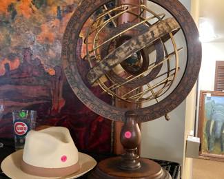 Zodiac Sphere Vintage Wood and Brass, Ultrafino Panama Hat, Rooster collectibles, Art