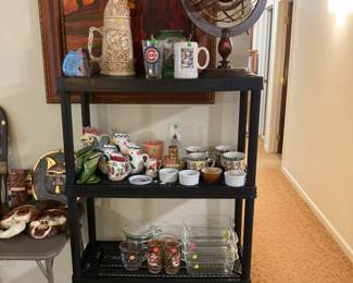 Pyrex baking dishes, tile serving trays, collectible dish pieces, Zodiac sphere