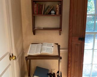 Small library table with vintage bible. 