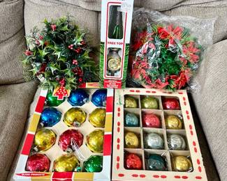 Vintage Christmas ornaments, tree topper (SOLD), vintage plastic candle wreaths