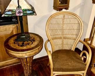Modern fancy side table, modern stained glass lamp, rattan chair with fan back