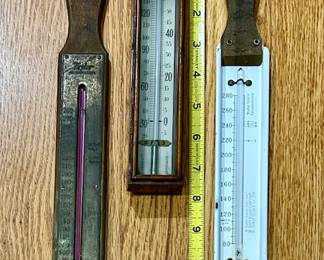Misc. metal/wood and enamel/wood thermometers
