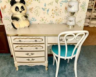 Vintage French Provincial desk and chair, Large ceramic Panda bear bank, vintage lamp