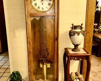 Vintage Seth Thomas Oak wall mount clock, Ceramic planter on Oriental wooden stand, plant stand (SOLD), modern footed planter/urn (SOLD)