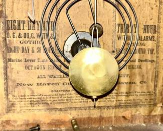 Close-up view of Antique New Haven Clock, eight-day wind