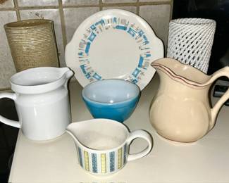 Vintage & modern kitchen items, vases (tan wine bottle holder and restaurant ware pitcher are SOLD)