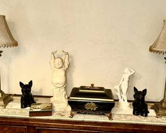 Pair of table lamps, Two ceramic Scottie dog liquor bottles, decorative boxes, Happy Buddha statue, A. Giannelli Italy Art Deco Nude Lady statue w/ marble base