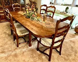 Large dining room table w/ beautiful parquet design top (shown extended with 2 leaves) and 6 chairs (second view)