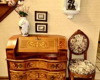 Vintage Italian inlaid marquetry drop front desk w/ 2 drawers, upholstered & wooden side chair, wall art, large Franklin Porcelain vase