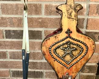Vintage fireplace bellows and tongs