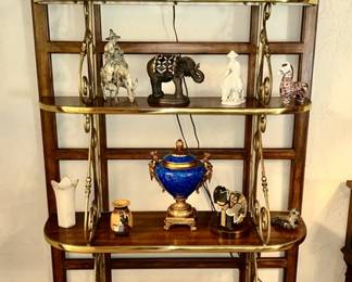 Wood with brass and metal trim large display shelf, vintage & modern decor (some SOLD)
