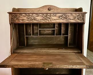 Inside view of antique drop front secretary