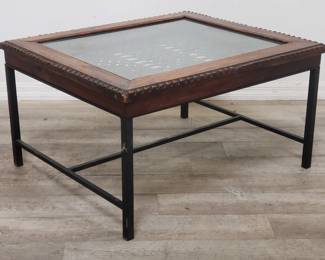 Lot # : 441 - Carved wood & iron coffee table w/glass insert
