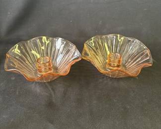Lot # : 334z - Pair of vintage pink glass candle holders
