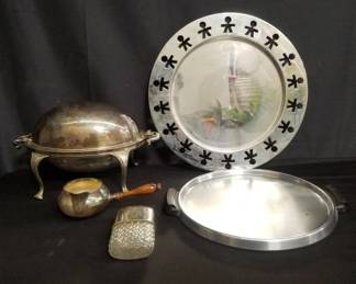 Lot # : 374 - Group of silver plate tray, flask, domed
