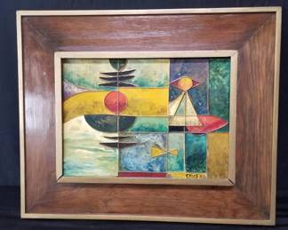 Lot # : 154 - Signed oil painting on brass abstract
