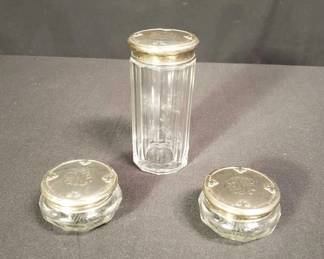 Lot # : 55 - Three glass vanity jars with sterling silver lids
