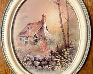 Home Interior Syroco framed oval print " Cottage in the Birch Forest"