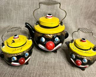 Thames hand-painted clown teapot, sugar bowl and creamer from Japan