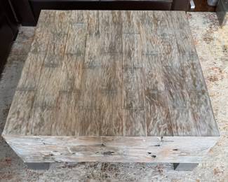 Revelation Teegan White Washed Teak Cocktail Table With Iron Block Feet. Measures 41" x 41" x 18" H. Photo 2 of 3.