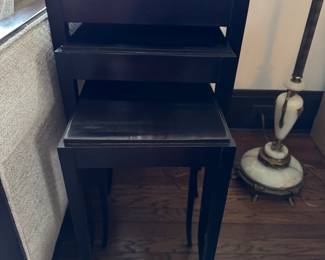 Barbara Barry for Baker Furniture Regency Style Set of Three Mahogany Nesting Tables.