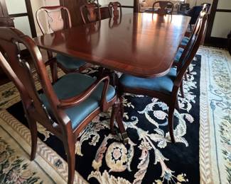 Baker Furniture Historic Charleston Collection Mahogany Georgian Double Pedestal Dining Table with Banding. Measures 68" L x 46" W without Leaves. Extends to 128" with Three 20." Comes With Pads. Photo 1 of 5.