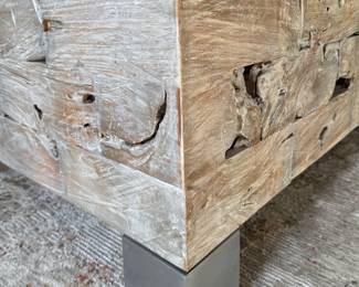 Revelation Teegan White Washed Teak Cocktail Table With Iron Block Feet. Measures 41" x 41" x 18" H. Photo 3 of 3.