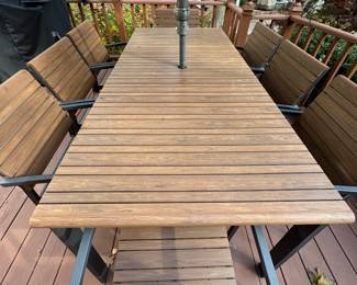 Create & Barrel Rocha Rectangular Power-Coated Aluminum 8-Piece Dining Table Set. Table Measures 35.5" W x 82" L. Chairs Stack In Sets of 4 For Easy Storage. Photo 3 of 3.