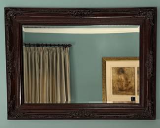Mahogany Finish Carved Wood Mirror. Measures 45" x 33". Photo 1 of 2.