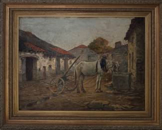 "Drinking Horse," Oil on Canvas. Signed by Artist Albert Sorkau. Canvas Measures 21" x 29." Photo 1 of 2.