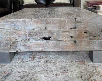 Revelation Teegan White Washed Teak Cocktail Table With Iron Block Feet. Measures 41" x 41" x 18" H. Photo 1 of 3.