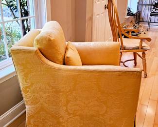 Heirloom hardwood-frame, down-filled gold damask arm chair