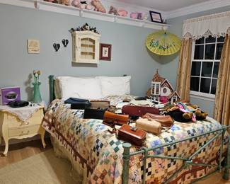 Queen size bed (SOLD); various handbags