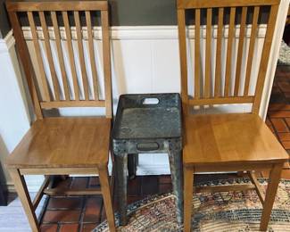 2 Mission Side Chairs. Vintage Galvanized Metal Stand.