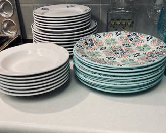 Mint & Terra Cotta Medallion Melamine Dinner Plates. Crate & Barrel Bowls. Rosanna Dinner & Desert Plates.