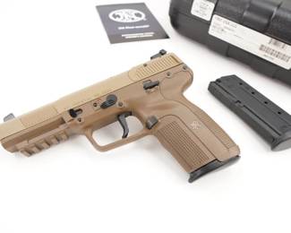 Make: FN
Model: Five-Seven MK2P
Caliber: 5.7x28
Action: Semi
Barrel: 5
Bore: Minty
Serial # 386425888
Condition: Excellent
The original FN Five-seveN, often imitated but hardly duplicated, has two decades of trusted service with allied armies, global law enforcement and civilians. Extending its groundbreaking design is a new, all flat dark earth frame and slide. With improved range and accuracy over common pistol cartridges, the NATO standardized 5.7x28mm developed by FN Herstal is fired from the chrome-lined cold hammer-forged barrel. Pinpoint accuracy and minimal felt recoil is standard issue. Equipped with an internal hammer, the smooth trigger with a predictable break further enhances accuracy. This pistol is in new condition and is dressed in the FDE finish and comes with the factory case and two magazines.