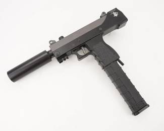 Make: MasterPiece Arms
Model: MPA-30TGR
Caliber: 9mm
Action: Semi
Bore: Bright
Serial # FX16665
Condition: Very Good
The lower receiver on this model is now machined from aluminum. Benefits include lighter weight, a more comfortable grip, and built in features such as QD flush cup for single point sling and a stock interface for attaching a SB15 brace. Chambered in 9mm and sold with a barrel shroud, this pistol is in very good condition, showing obvious signs of use and wear.