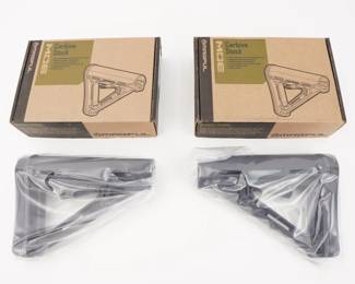 Make: MagPul
Model: MOE MAG401-GR
Caliber: Set of 2
Condition: New
A drop-in replacement buttstock for AR15/M4 carbines using Commercial-Spec sized receiver extension tubes. Designed for light, fast action the streamlined A-frame profile avoids snagging and shields the release latch to prevent accidental activation. The Commercial-Spec Model includes an extended 0.55" thick rubber butt-pad to provide positive shoulder purchase and accommodates the longer, slanted back common to most commercial-spec tubes. New in the Box.