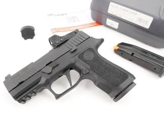 Make: Sig Sauer
Model: P320
Caliber: 9mmx19
Action: Semi
Barrel: 3.5
Bore: Bright
Serial # 58K151893
Featuring SIG SAUER's exclusive slide-mounted optic, the ROMEO1 PRO, the RXP will ensure faster sight acquisition on target. Simply put, it will make a good shooter a great shooter. Shoot confidently with faster target acquisition and improved accuracy. Installed. Zeroed. And backed by the quality of the SIG name.The P320 Compact offers a smooth, crisp trigger to make any shooter more accurate, an intuitive, 3-point takedown and unmatched modularity to fit any shooter and any situation. Its compact frame is ideal for target shooting and home defense, as well as many concealed carry scenarios. The pistol, chambered in 9mm, is new in the box and comes with 2 magazines, factory box and backstraps. 