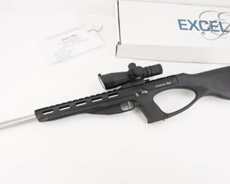 Make: Excel Arms
Model: MR-22
Caliber: .22 WMR
Action: Semi
Barrel: 16
Bore: Minty
Serial # RA-02373
Condition: Like New
This unique and versatile semi-automatic rifle is chambered in .22 WMR. The features of the accelerator rifle include construction from high strength corrosion resistant 17-4 stainless steel. The fluted stainless steel bull barrel has a diameter of 0.875 inches and a length of 18 inches. The comfortable pistol grip stock is molded of polymer composite for great durability. This rifle includes an aluminum shroud that incorporates a weaver rail to allow the mounting of a variety of scopes and accessories. The manual safety as well as the firing pin block ensures safe use. A last round bolt hold open feature will alert the shooter of an empty magazine. The accelerator rifle is 100% American made. This Rifle is Paired with a Acog style scope and is sold with a factory box containing NO Mag. 