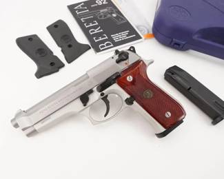Make: Beretta
Model: 92FS
Caliber: 9mm
Action: Semi
Barrel: 4.75
Bore: Shiny
Serial # M92453Z
Condition: Excellent
Importer: Beretta USA Corp
The Beretta 92 FS was designed to be and remain the most accurate, durable and reliable semi-automatic pistol on the market. Easy to use, absolutely safe and with impressive firepower, it remains the best military, police and tactical pistol for over a quarter of a century. This pistol has a 4.8” barrel and a stainless steel finish paired with red wood grips. This pistol is sold with 2 mags and factory grips and case. This pistol is in excellent condition showing little signs of use.